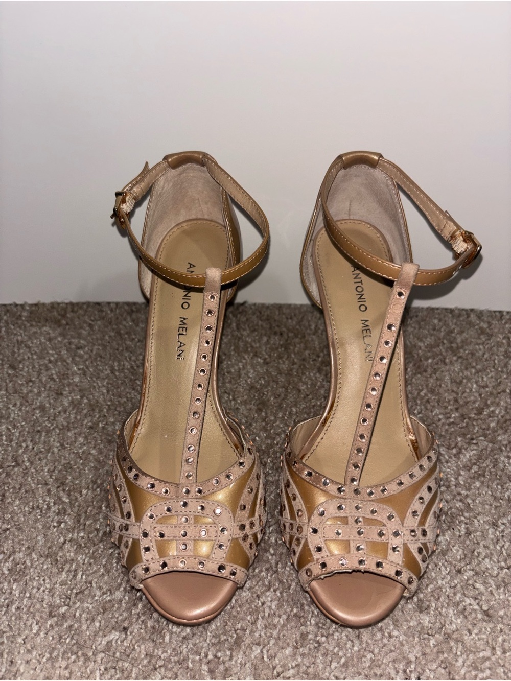 ANTONIO MELANI Blush Tan T‑Strap Rhinestone Heels